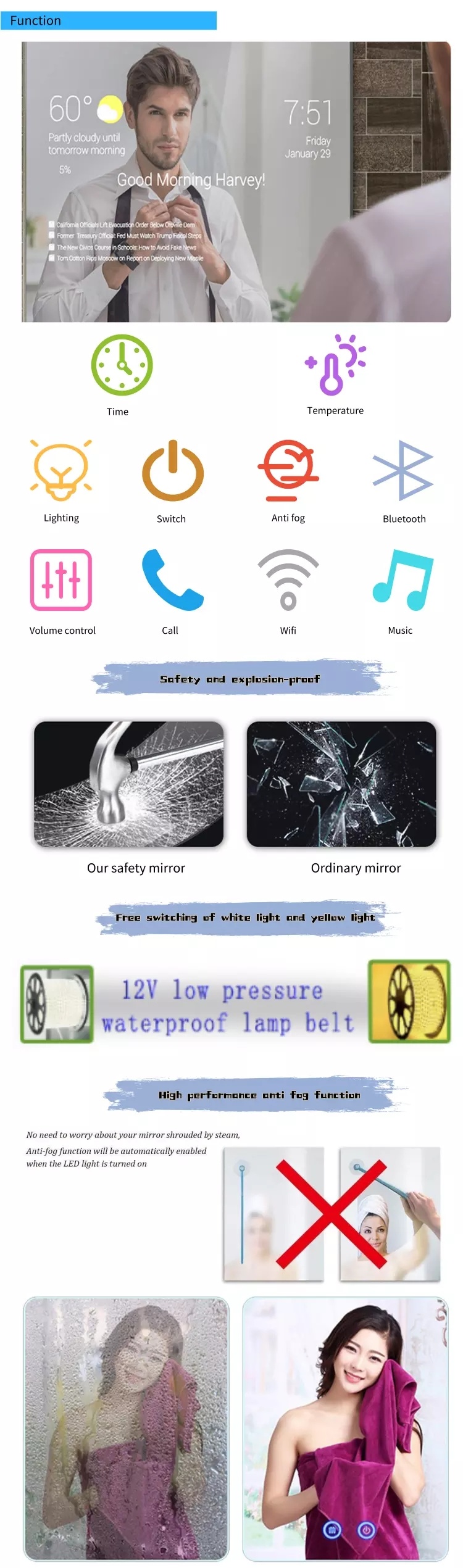 Professional Factory LED Light Touch Sensor Switch 3-6mm Thick Vanity Smart Mirror Glass Wholesale