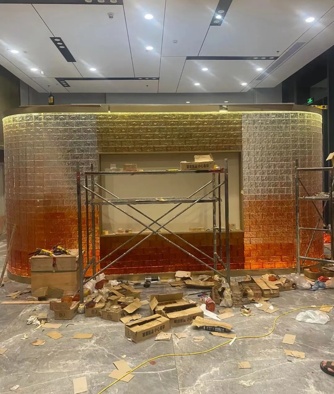 Solid glass brick layout before installation on a commercial project