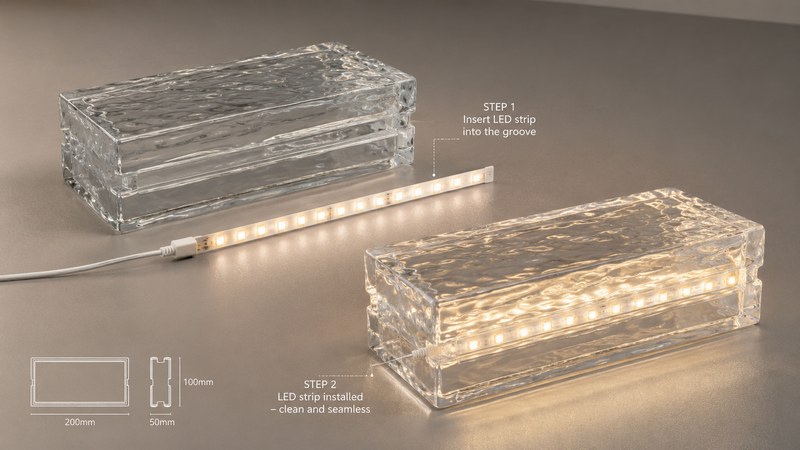 Transparent Hollow Glass Brick 200×100×50mm | Clear Glass Block with Hidden LED Groove