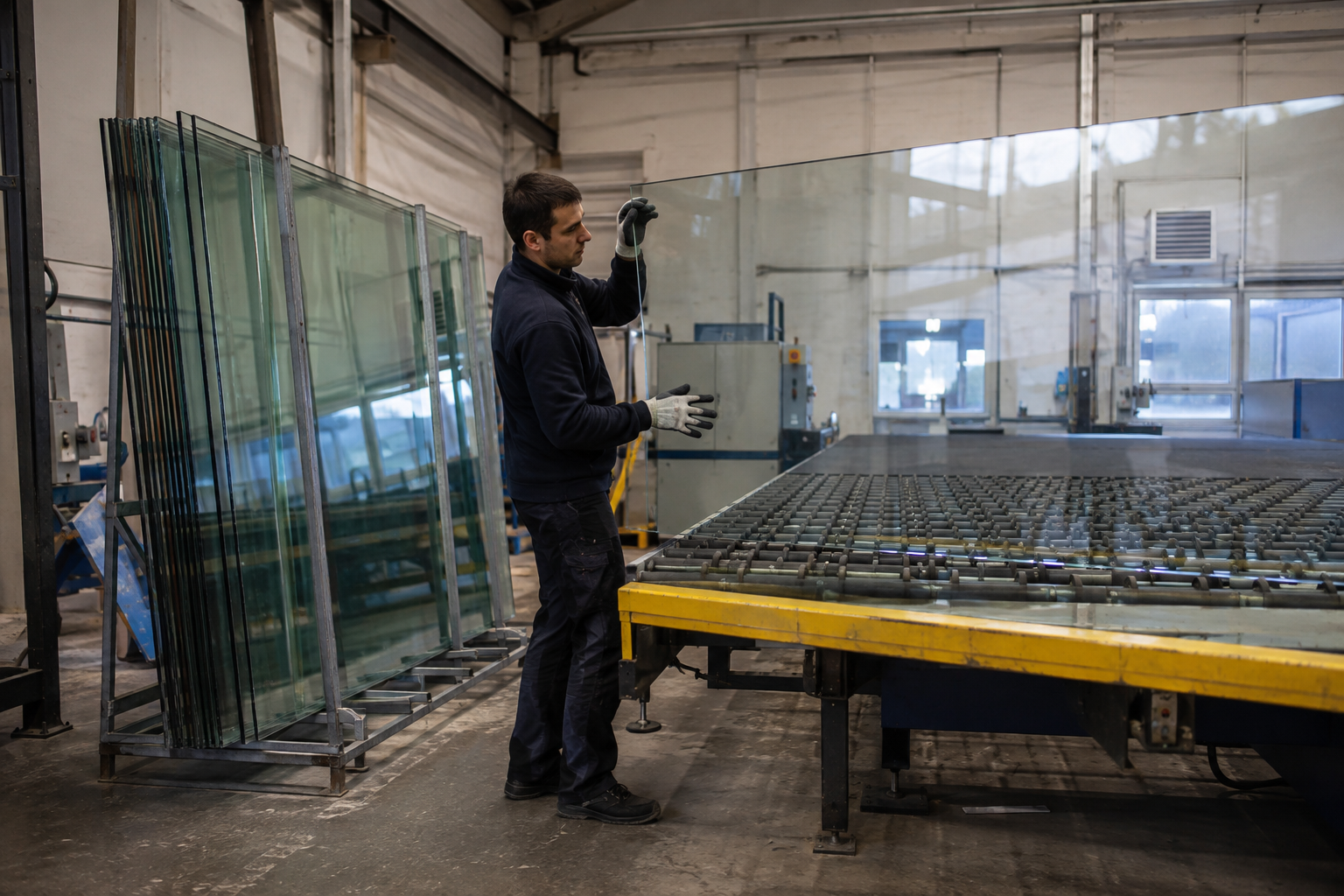 CE-compliant tempered safety glass panel in glass factory.png