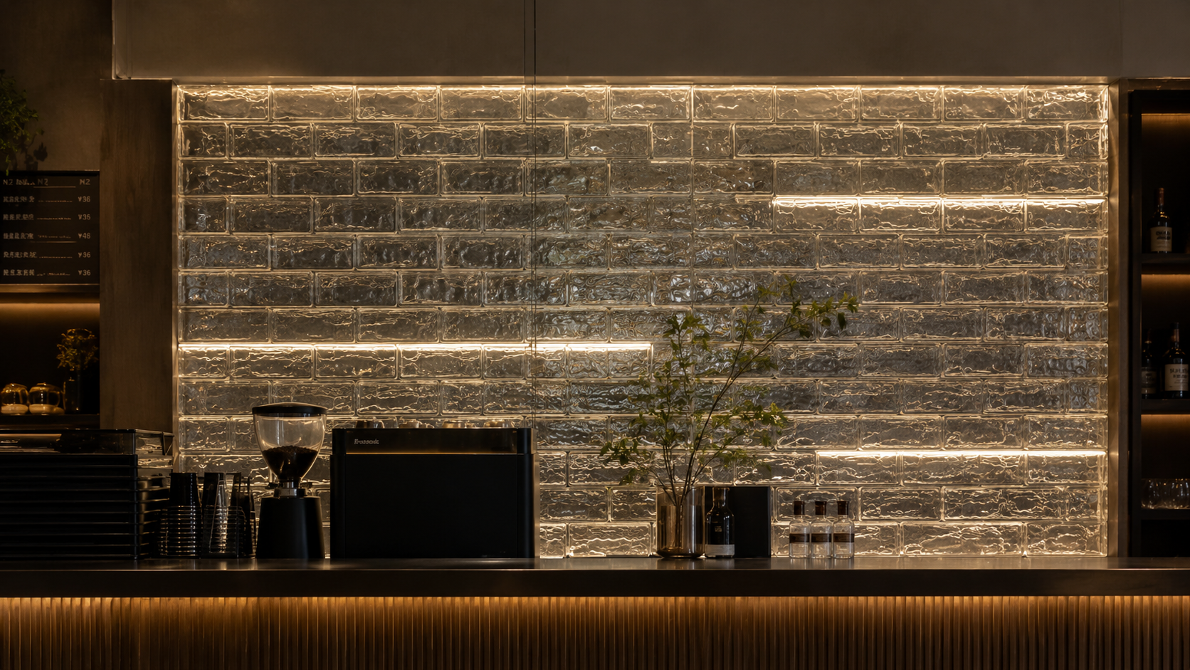 Luxury storefront facade built with illuminated hollow glass bricks