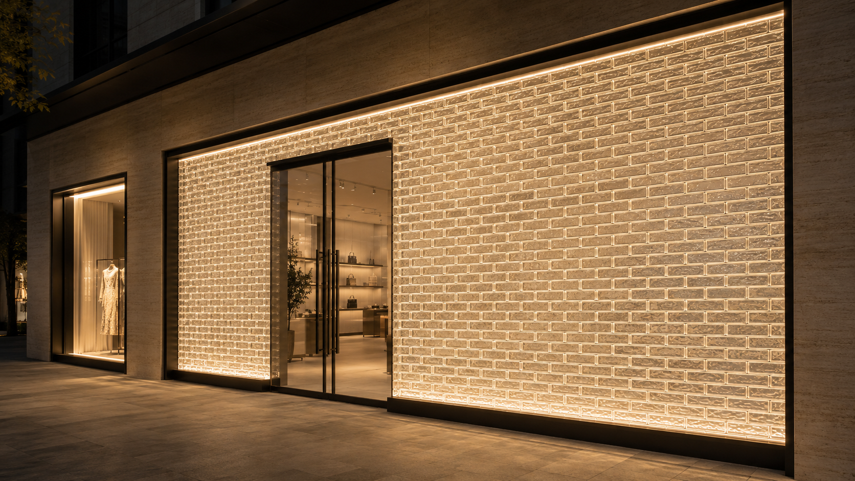 Illuminated hollow glass brick wall with warm LED lighting at night